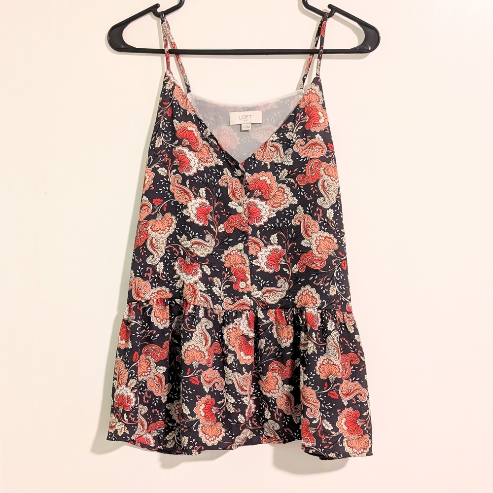 LOFT Outlet Gray And Pink Paisley Peplum Tank Top Blouse
